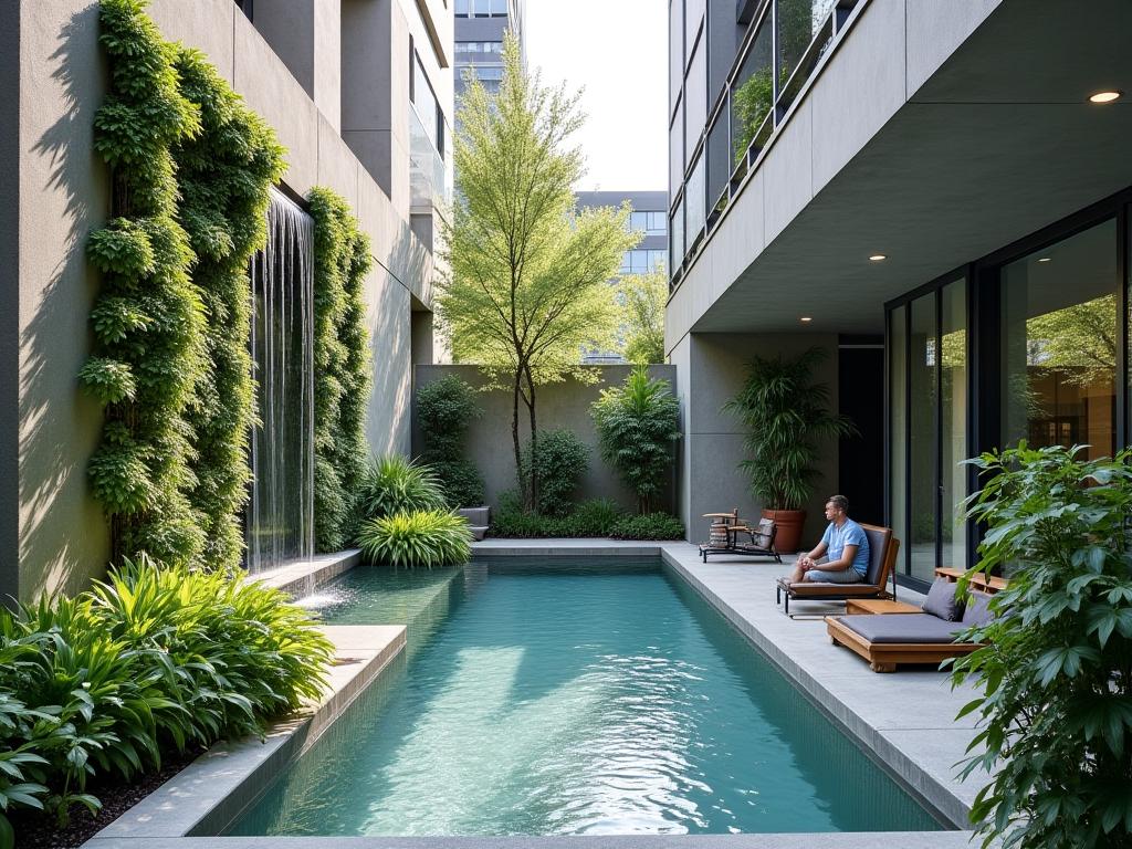 Moderne Urban Garden Stadt-Oase mit innovativen Wasserelementen